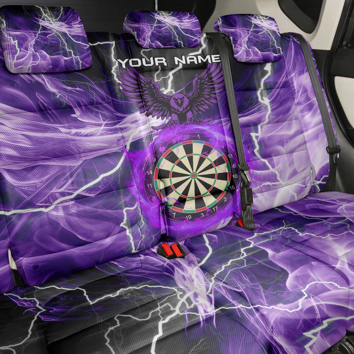 Personalized Purple Lightning Darts Board Back Car Seat Cover with Owl Graphic - Wonder Print Shop