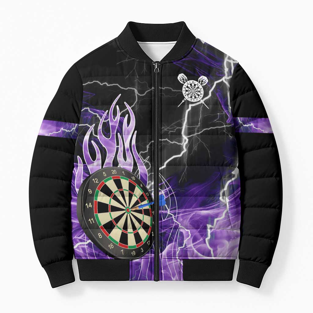 Personalized Purple Lightning Darts Board Bomber Puffer Jacket with Owl Graphic - Wonder Print Shop
