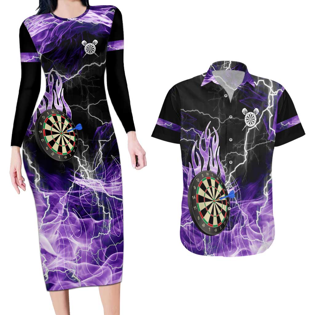 Personalized Purple Lightning Darts Board Couples Matching Long Sleeve Bodycon Dress and Hawaiian Shirt with Owl Graphic - Wonder Print Shop