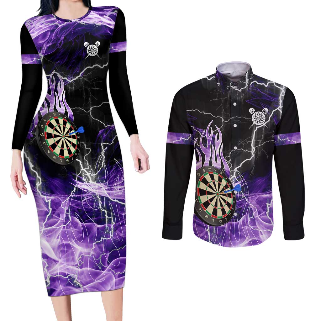 Personalized Purple Lightning Darts Board Couples Matching Long Sleeve Bodycon Dress and Long Sleeve Button Shirt with Owl Graphic - Wonder Print Shop