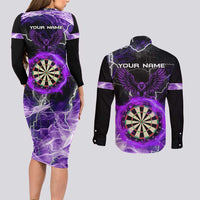 Personalized Purple Lightning Darts Board Couples Matching Long Sleeve Bodycon Dress and Long Sleeve Button Shirt with Owl Graphic - Wonder Print Shop