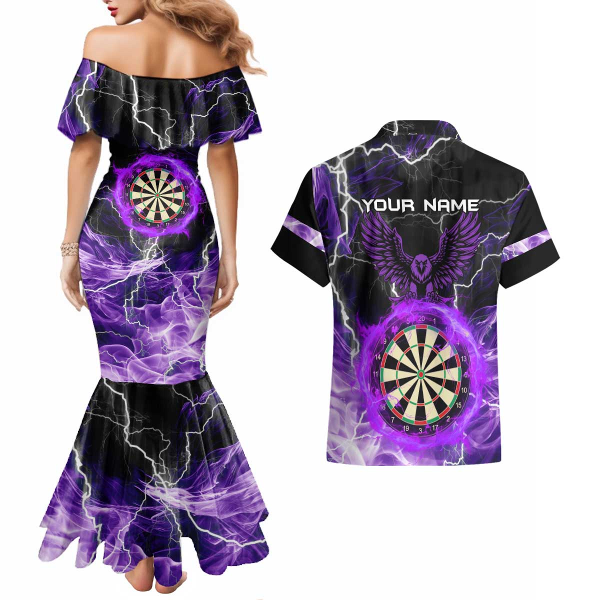 Personalized Purple Lightning Darts Board Couples Matching Mermaid Dress and Hawaiian Shirt with Owl Graphic - Wonder Print Shop