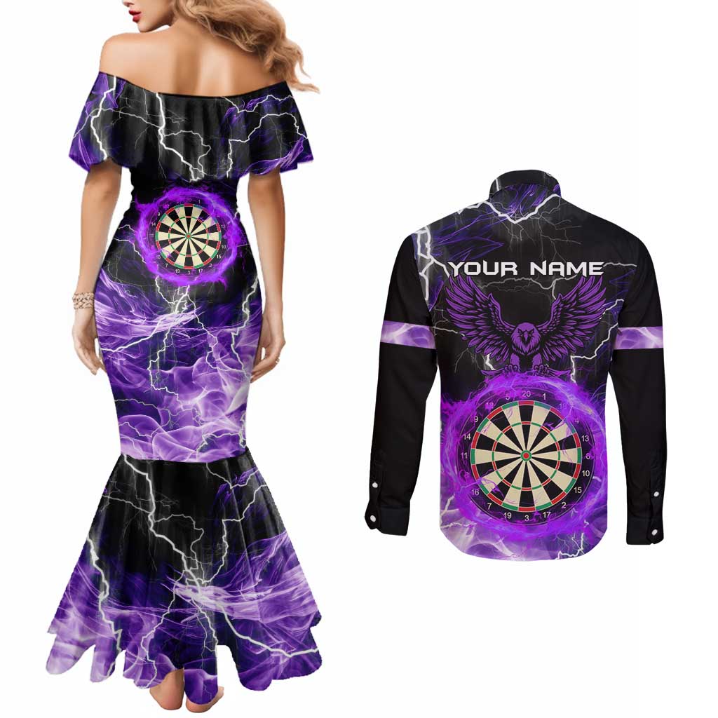 Personalized Purple Lightning Darts Board Couples Matching Mermaid Dress and Long Sleeve Button Shirt with Owl Graphic - Wonder Print Shop