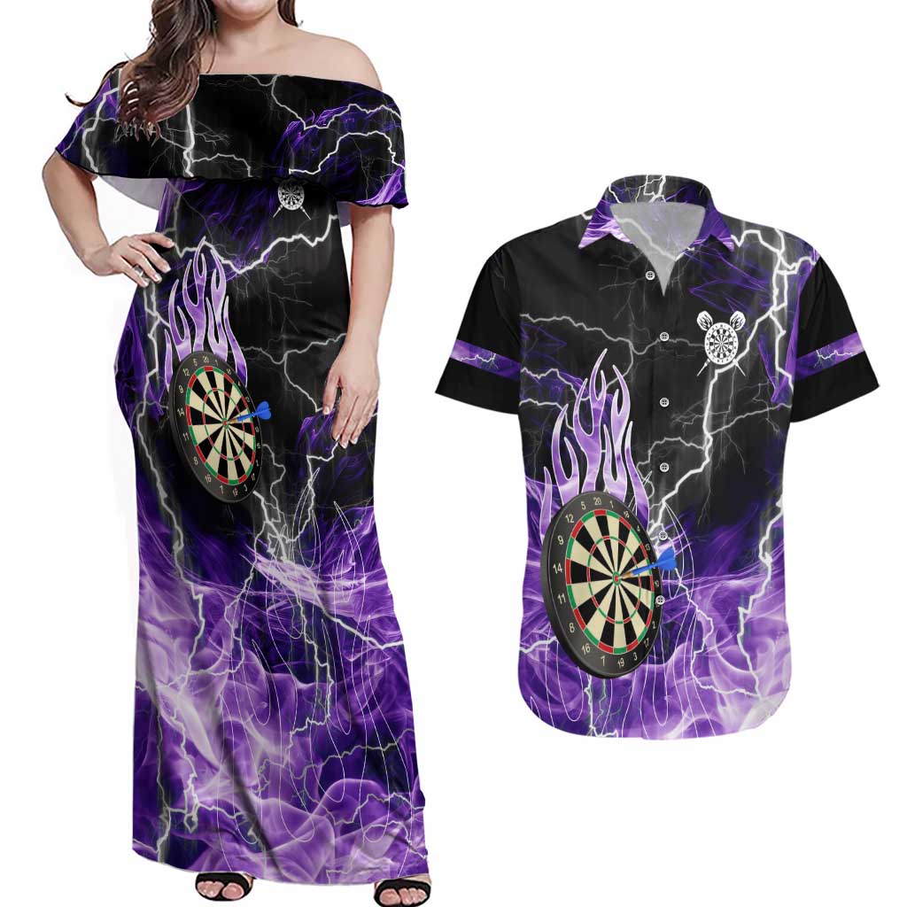 Personalized Purple Lightning Darts Board Couples Matching Off Shoulder Maxi Dress and Hawaiian Shirt with Owl Graphic - Wonder Print Shop