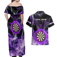 Personalized Purple Lightning Darts Board Couples Matching Off Shoulder Maxi Dress and Hawaiian Shirt with Owl Graphic - Wonder Print Shop