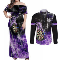 Personalized Purple Lightning Darts Board Couples Matching Off Shoulder Maxi Dress and Long Sleeve Button Shirt with Owl Graphic - Wonder Print Shop