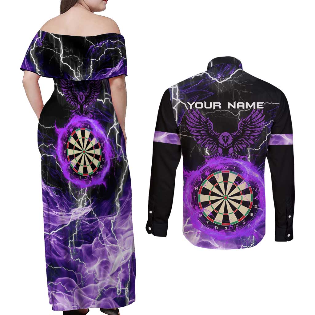 Personalized Purple Lightning Darts Board Couples Matching Off Shoulder Maxi Dress and Long Sleeve Button Shirt with Owl Graphic - Wonder Print Shop
