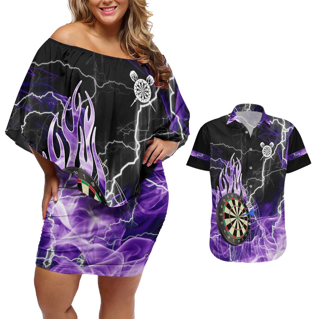Personalized Purple Lightning Darts Board Couples Matching Off Shoulder Short Dress and Hawaiian Shirt with Owl Graphic - Wonder Print Shop