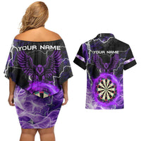 Personalized Purple Lightning Darts Board Couples Matching Off Shoulder Short Dress and Hawaiian Shirt with Owl Graphic - Wonder Print Shop