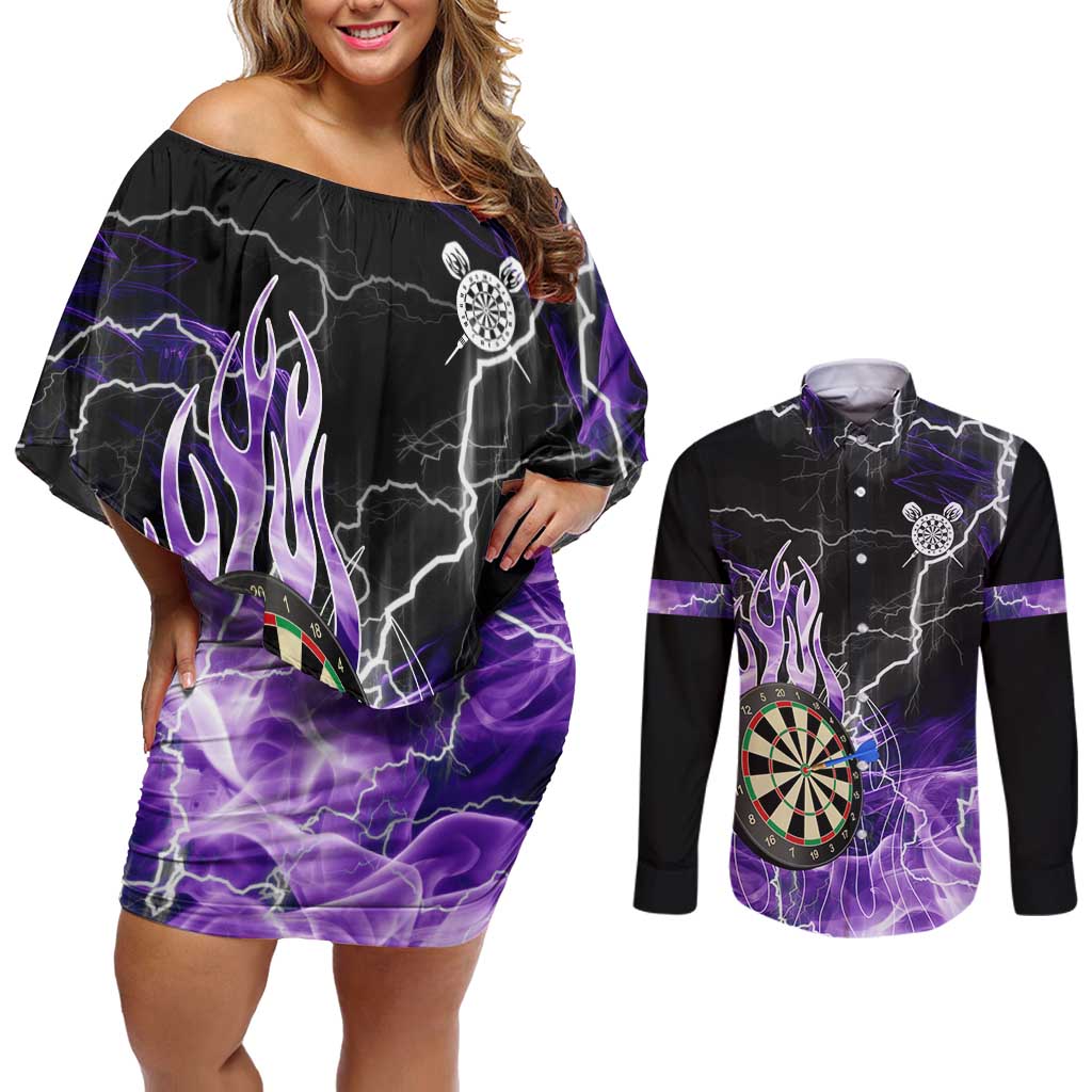 Personalized Purple Lightning Darts Board Couples Matching Off Shoulder Short Dress and Long Sleeve Button Shirt with Owl Graphic - Wonder Print Shop