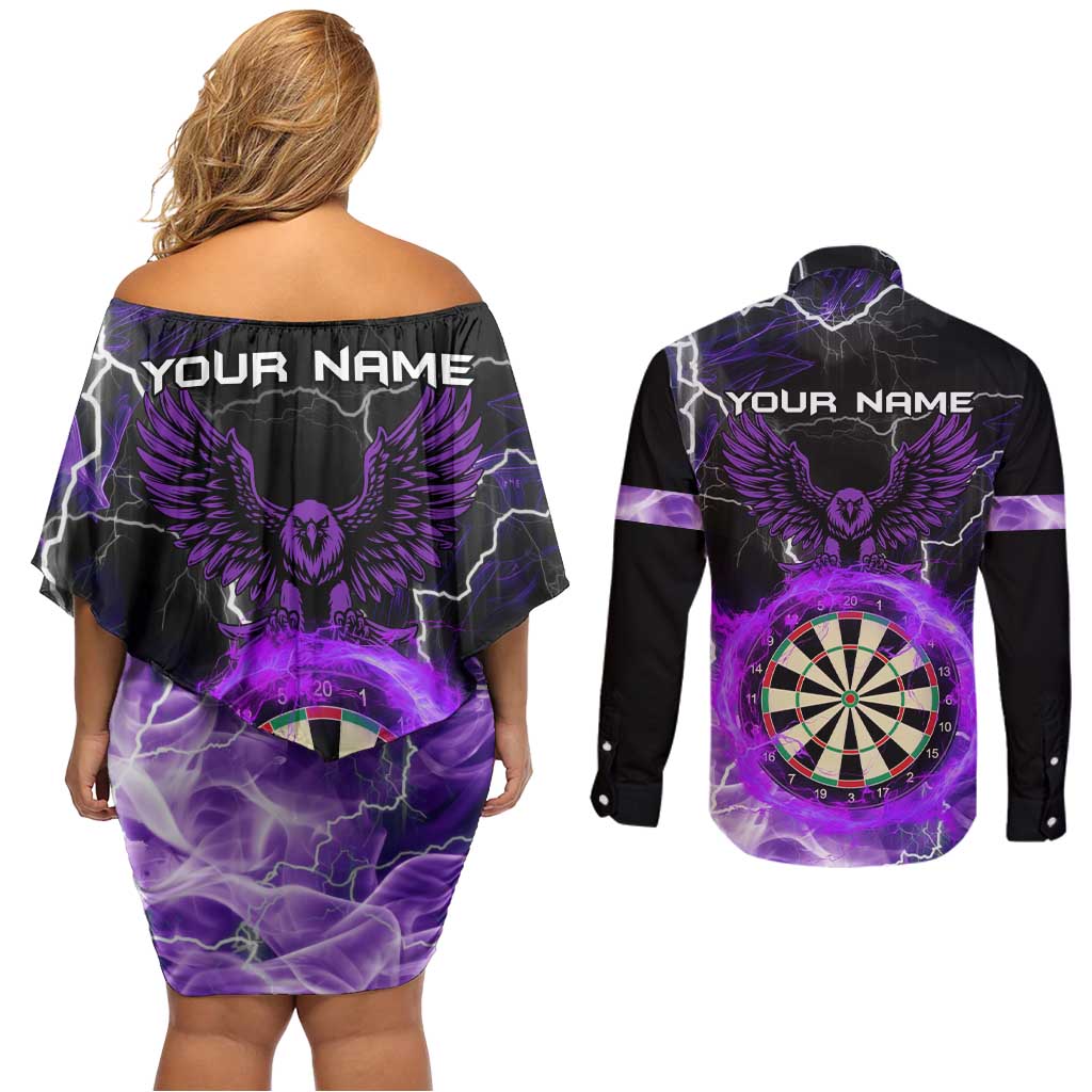 Personalized Purple Lightning Darts Board Couples Matching Off Shoulder Short Dress and Long Sleeve Button Shirt with Owl Graphic - Wonder Print Shop
