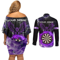 Personalized Purple Lightning Darts Board Couples Matching Off Shoulder Short Dress and Long Sleeve Button Shirt with Owl Graphic - Wonder Print Shop