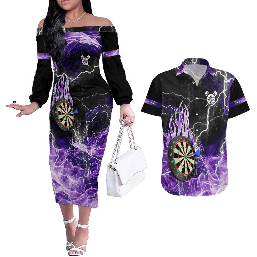 Personalized Purple Lightning Darts Board Couples Matching Off The Shoulder Long Sleeve Dress and Hawaiian Shirt with Owl Graphic - Wonder Print Shop