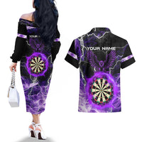 Personalized Purple Lightning Darts Board Couples Matching Off The Shoulder Long Sleeve Dress and Hawaiian Shirt with Owl Graphic - Wonder Print Shop
