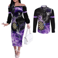 Personalized Purple Lightning Darts Board Couples Matching Off The Shoulder Long Sleeve Dress and Long Sleeve Button Shirt with Owl Graphic - Wonder Print Shop