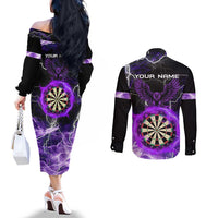 Personalized Purple Lightning Darts Board Couples Matching Off The Shoulder Long Sleeve Dress and Long Sleeve Button Shirt with Owl Graphic - Wonder Print Shop
