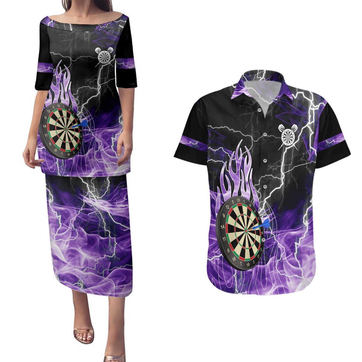 Personalized Purple Lightning Darts Board Couples Matching Puletasi and Hawaiian Shirt with Owl Graphic - Wonder Print Shop