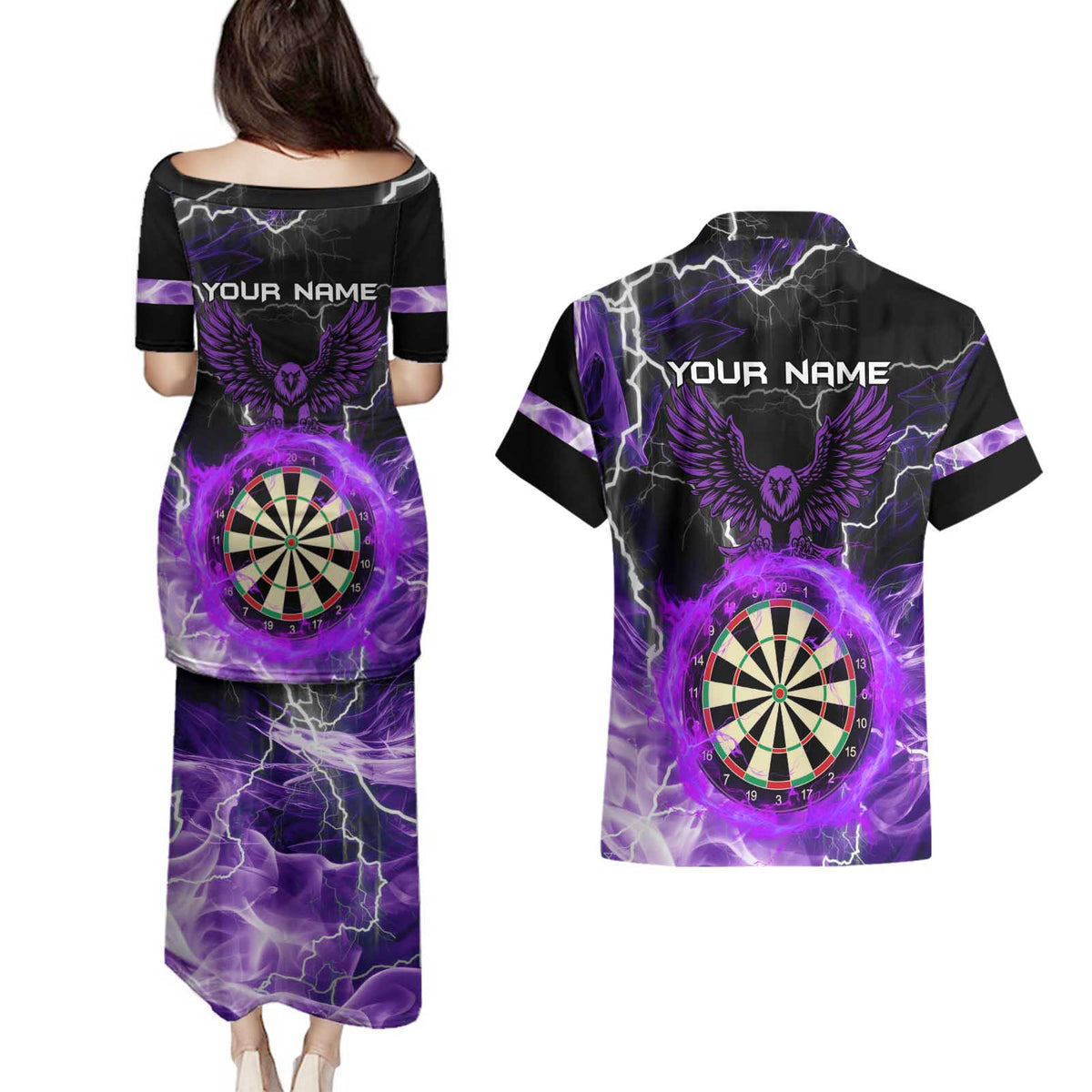Personalized Purple Lightning Darts Board Couples Matching Puletasi and Hawaiian Shirt with Owl Graphic - Wonder Print Shop