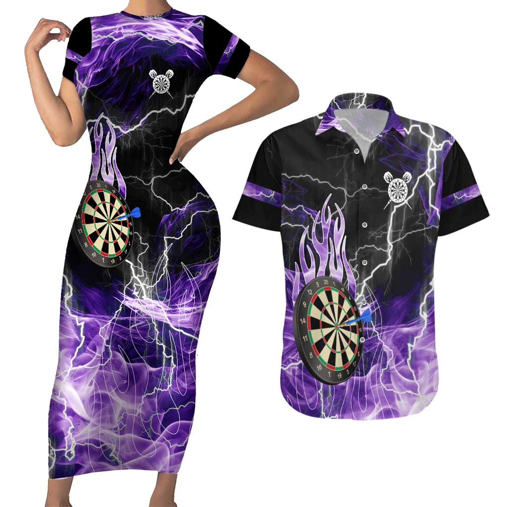 Personalized Purple Lightning Darts Board Couples Matching Short Sleeve Bodycon Dress and Hawaiian Shirt with Owl Graphic - Wonder Print Shop