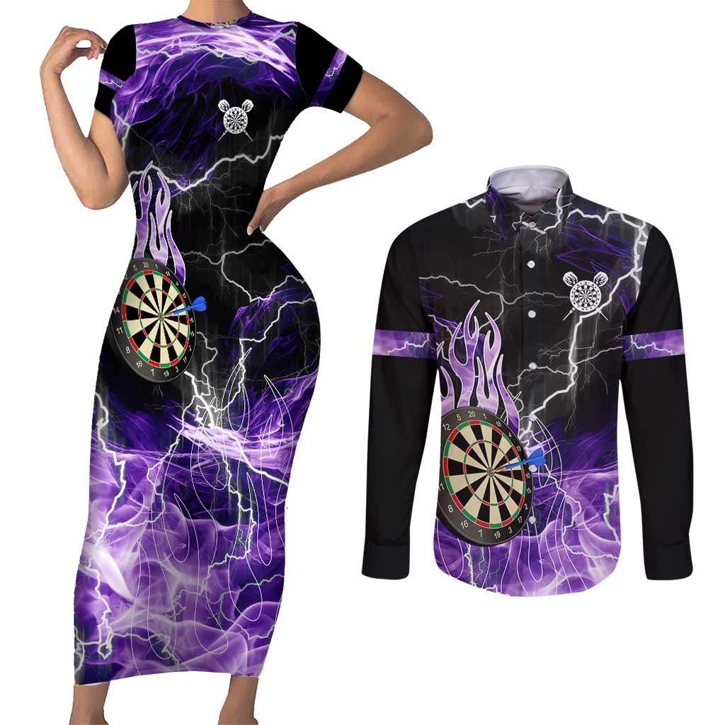Personalized Purple Lightning Darts Board Couples Matching Short Sleeve Bodycon Dress and Long Sleeve Button Shirt with Owl Graphic - Wonder Print Shop