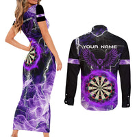 Personalized Purple Lightning Darts Board Couples Matching Short Sleeve Bodycon Dress and Long Sleeve Button Shirt with Owl Graphic - Wonder Print Shop
