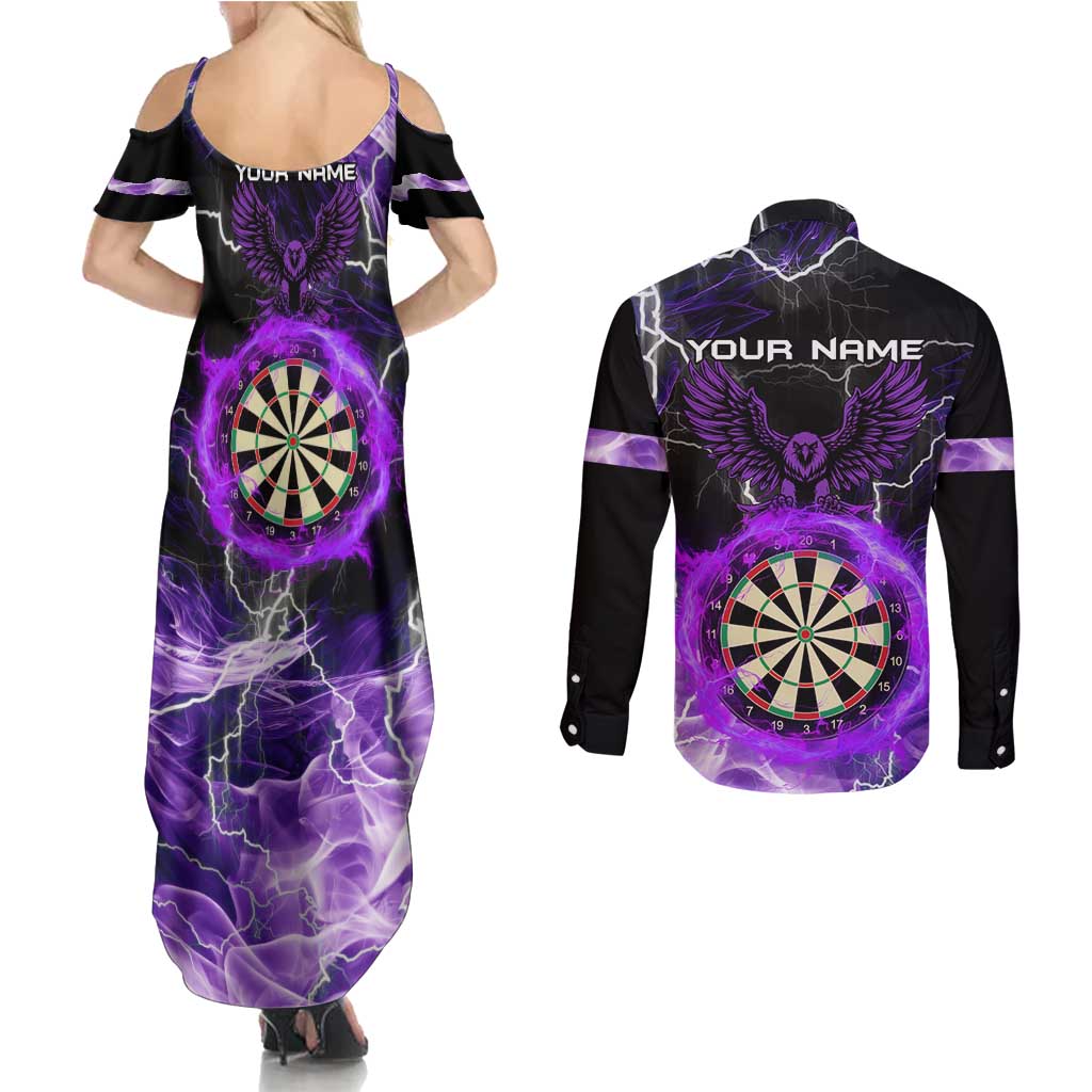 Personalized Purple Lightning Darts Board Couples Matching Summer Maxi Dress and Long Sleeve Button Shirt with Owl Graphic - Wonder Print Shop