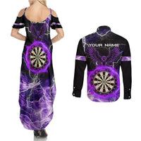 Personalized Purple Lightning Darts Board Couples Matching Summer Maxi Dress and Long Sleeve Button Shirt with Owl Graphic - Wonder Print Shop