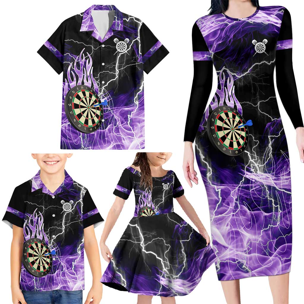 Personalized Purple Lightning Darts Board Family Matching Long Sleeve Bodycon Dress and Hawaiian Shirt with Owl Graphic - Wonder Print Shop