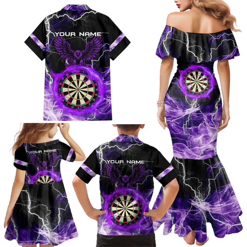 Personalized Purple Lightning Darts Board Family Matching Mermaid Dress and Hawaiian Shirt with Owl Graphic - Wonder Print Shop