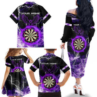 Personalized Purple Lightning Darts Board Family Matching Off The Shoulder Long Sleeve Dress and Hawaiian Shirt with Owl Graphic - Wonder Print Shop