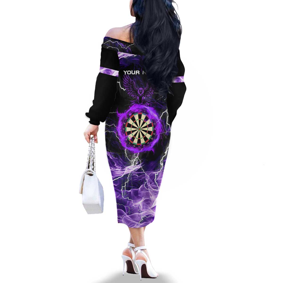 Personalized Purple Lightning Darts Board Family Matching Off The Shoulder Long Sleeve Dress and Hawaiian Shirt with Owl Graphic - Wonder Print Shop