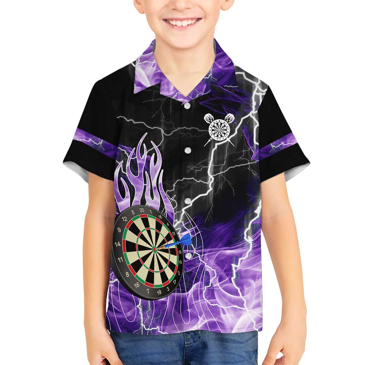Personalized Purple Lightning Darts Board Family Matching Off The Shoulder Long Sleeve Dress and Hawaiian Shirt with Owl Graphic - Wonder Print Shop