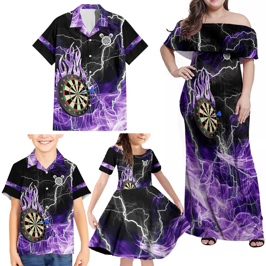 Personalized Purple Lightning Darts Board Family Matching Off Shoulder Maxi Dress and Hawaiian Shirt with Owl Graphic - Wonder Print Shop