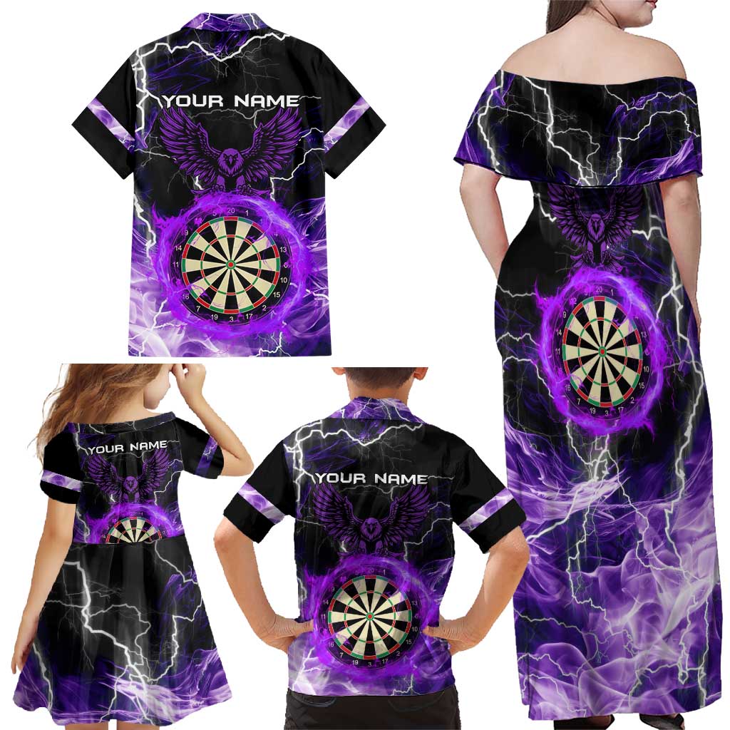 Personalized Purple Lightning Darts Board Family Matching Off Shoulder Maxi Dress and Hawaiian Shirt with Owl Graphic - Wonder Print Shop
