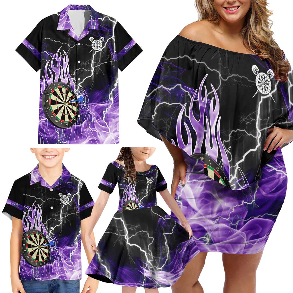 Personalized Purple Lightning Darts Board Family Matching Off Shoulder Short Dress and Hawaiian Shirt with Owl Graphic - Wonder Print Shop