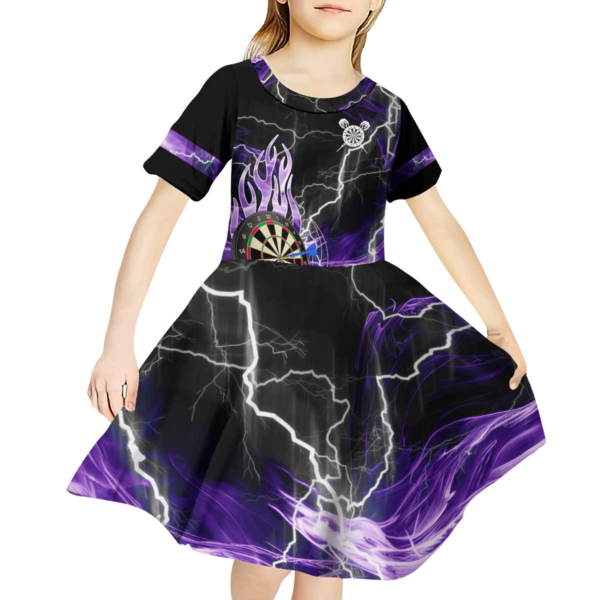 Personalized Purple Lightning Darts Board Kid Short Sleeve Dress with Owl Graphic - Wonder Print Shop