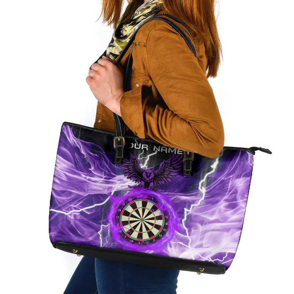 Personalized Purple Lightning Darts Board Leather Tote Bag with Owl Graphic - Wonder Print Shop