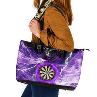 Personalized Purple Lightning Darts Board Leather Tote Bag with Owl Graphic - Wonder Print Shop