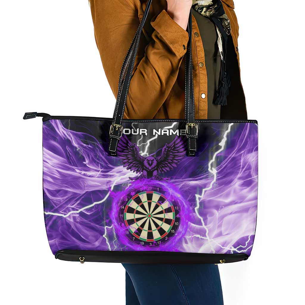 Personalized Purple Lightning Darts Board Leather Tote Bag with Owl Graphic - Wonder Print Shop
