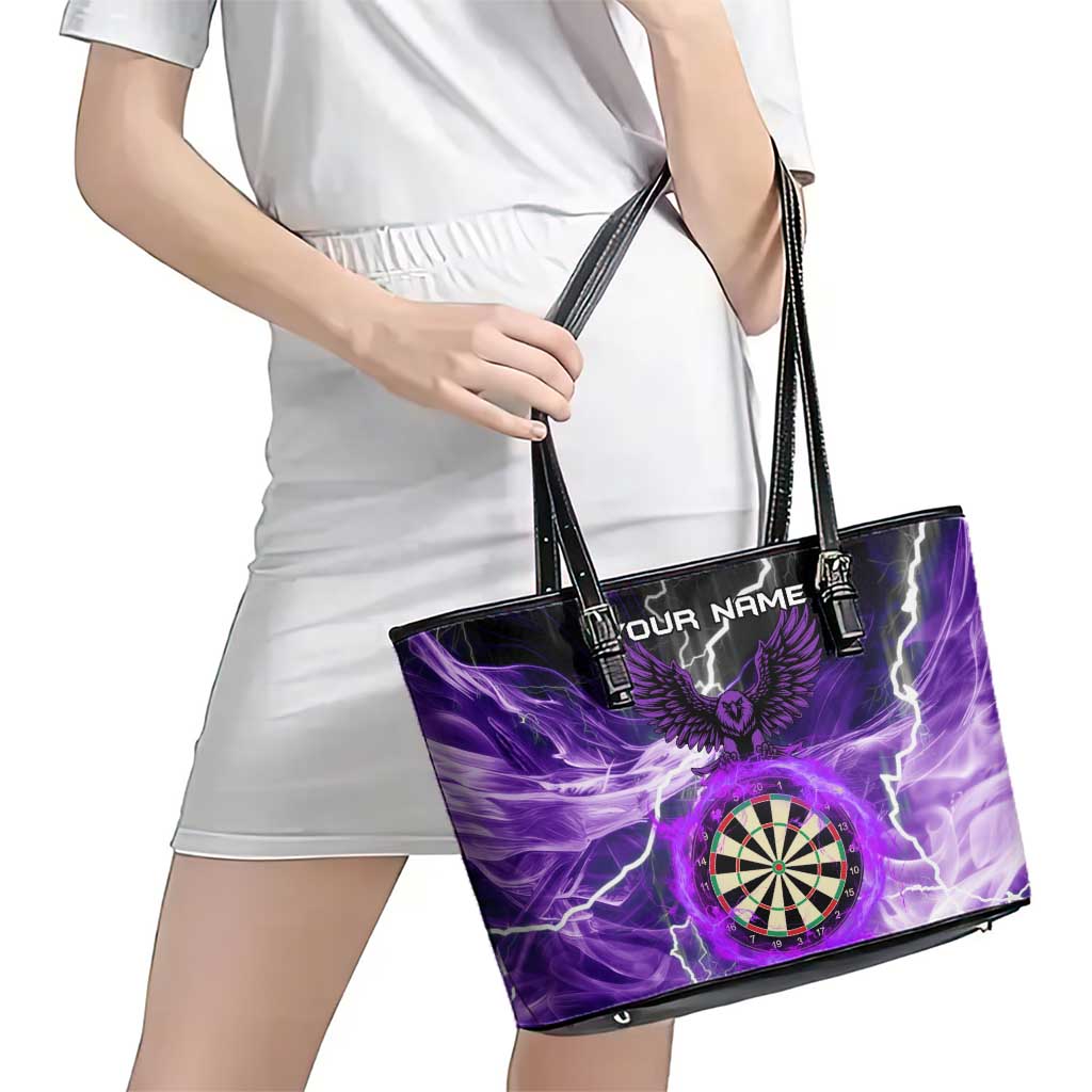Personalized Purple Lightning Darts Board Leather Tote Bag with Owl Graphic - Wonder Print Shop