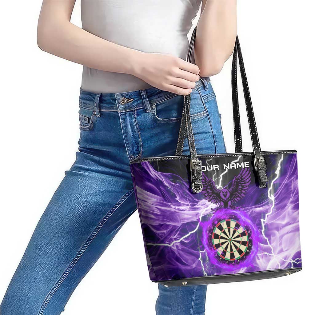 Personalized Purple Lightning Darts Board Leather Tote Bag with Owl Graphic - Wonder Print Shop