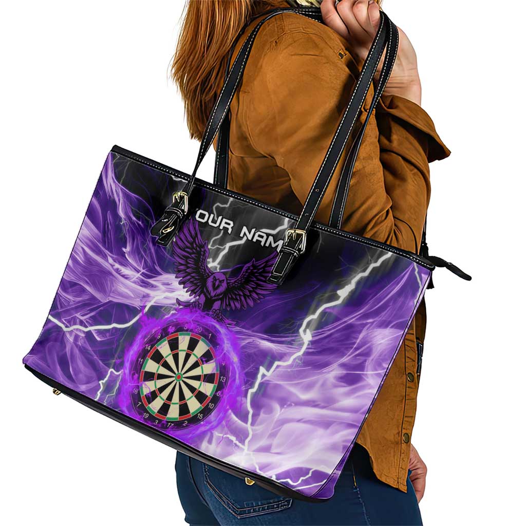 Personalized Purple Lightning Darts Board Leather Tote Bag with Owl Graphic - Wonder Print Shop