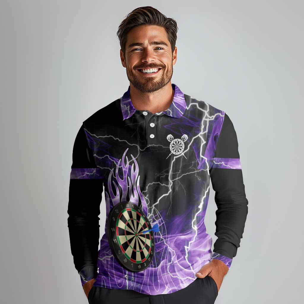 Personalized Purple Lightning Darts Board Long Sleeve Polo Shirt with Owl Graphic - Wonder Print Shop