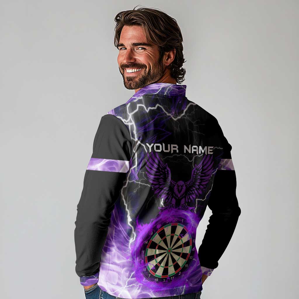 Personalized Purple Lightning Darts Board Long Sleeve Polo Shirt with Owl Graphic - Wonder Print Shop