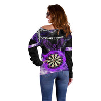 Personalized Purple Lightning Darts Board Off Shoulder Sweater with Owl Graphic - Wonder Print Shop