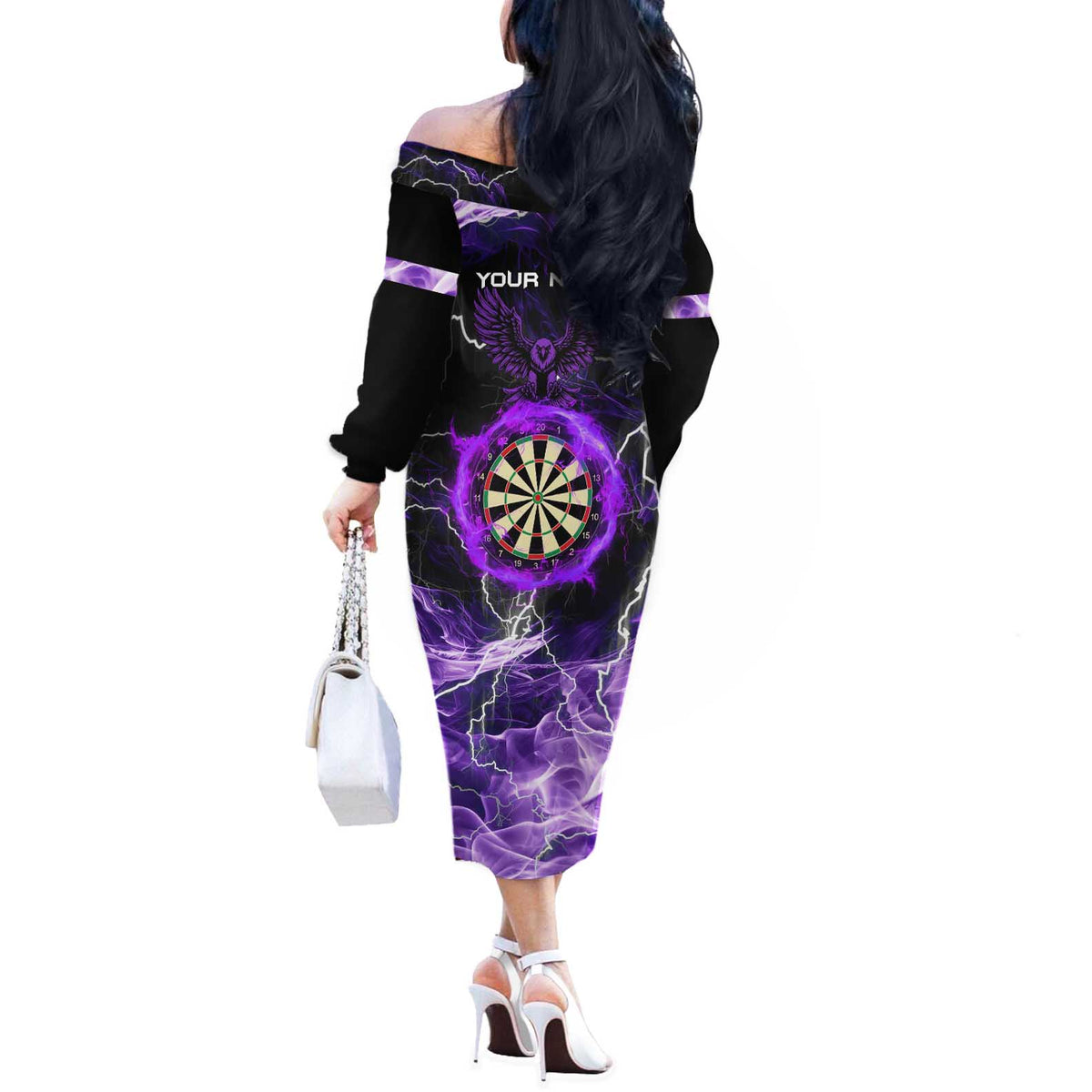Personalized Purple Lightning Darts Board Off The Shoulder Long Sleeve Dress with Owl Graphic - Wonder Print Shop