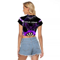 Personalized Purple Lightning Darts Board Raglan Cropped T Shirt with Owl Graphic - Wonder Print Shop