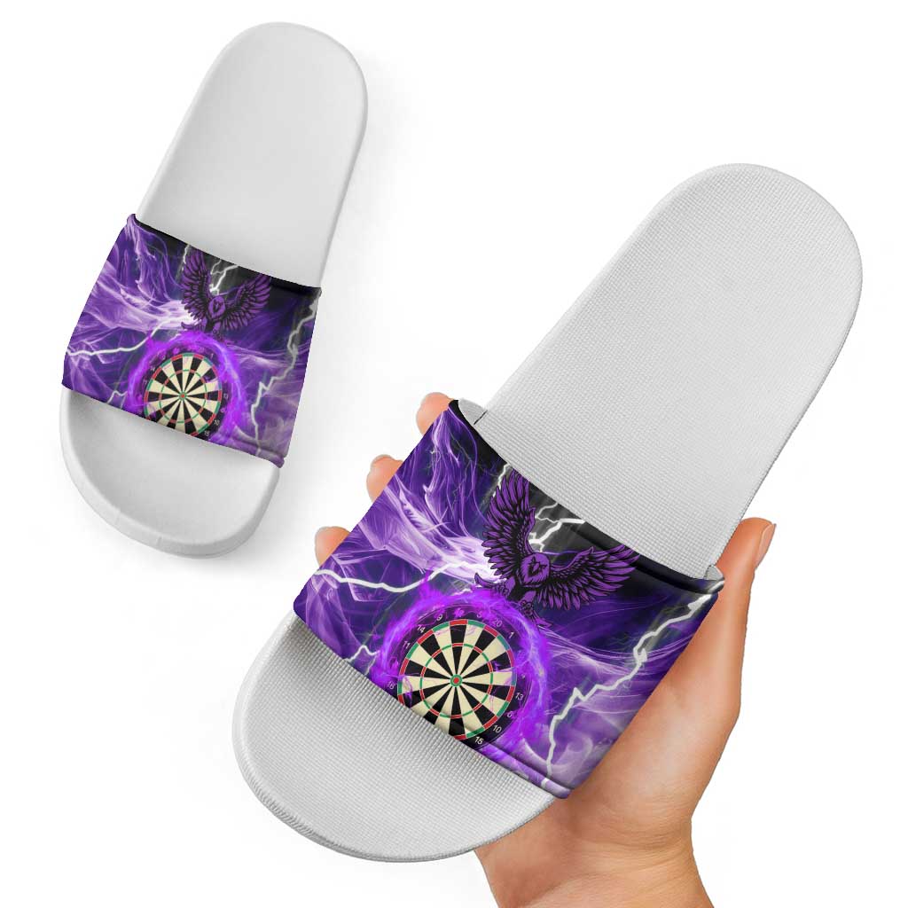 Personalized Purple Lightning Darts Board Slide Sandals with Owl Graphic - Wonder Print Shop