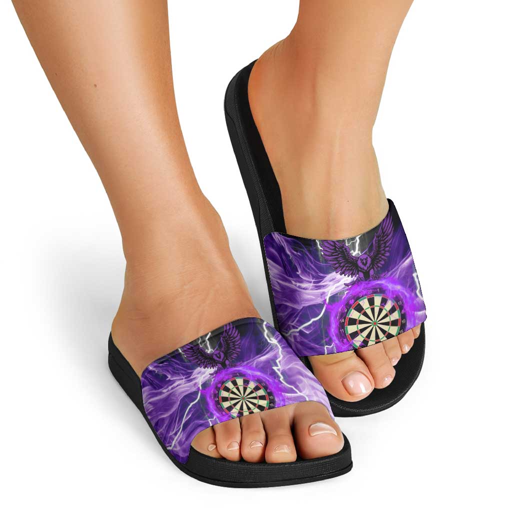 Personalized Purple Lightning Darts Board Slide Sandals with Owl Graphic - Wonder Print Shop