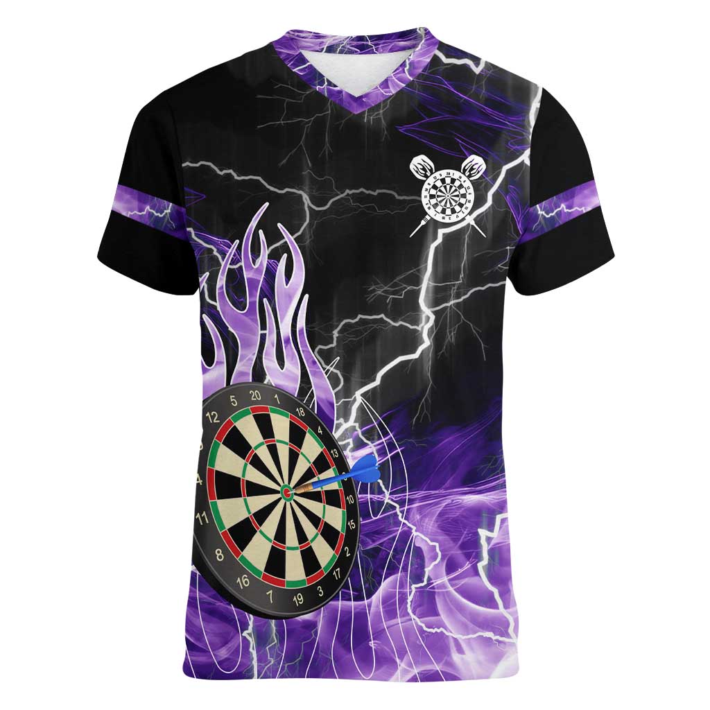 Personalized Purple Lightning Darts Board Women V-Neck T-Shirt with Owl Graphic - Wonder Print Shop